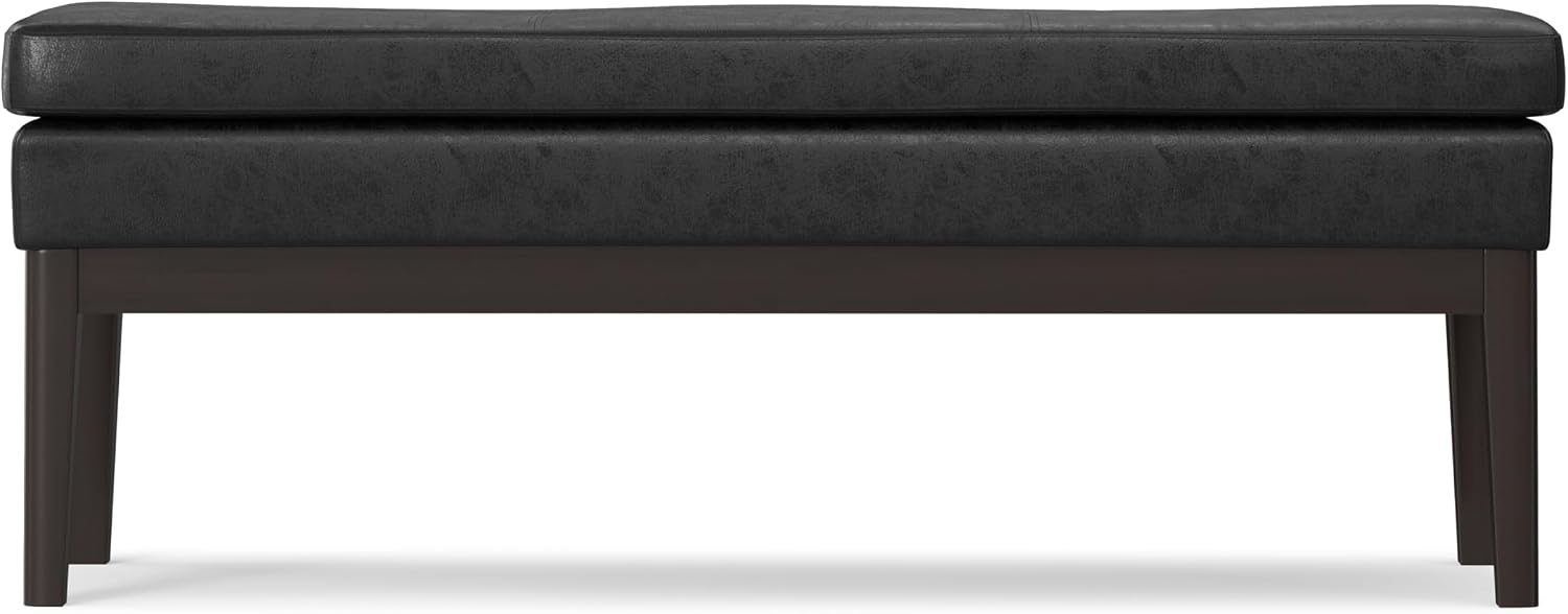 SIMPLIHOME Carlson Ottoman Bench - 45 inch Wide Upholstered Vegan Leather Rectangle Ottoman in Distressed Black, Mid Century Modern Bench for Bedroom, Entryway or Living Room with Padded Seat