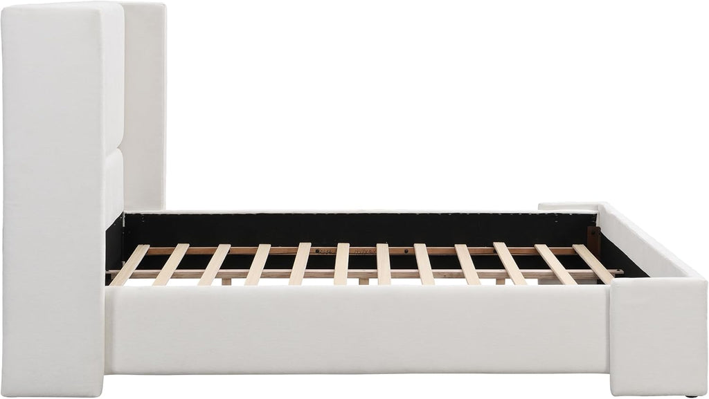 King Size Upholstered Bed Frame with Tall Headboard, Elegant White Fabric Platform Bed, Sturdy Wood Slats Support, No Box Spring Needed, Modern Bedroom, King, White