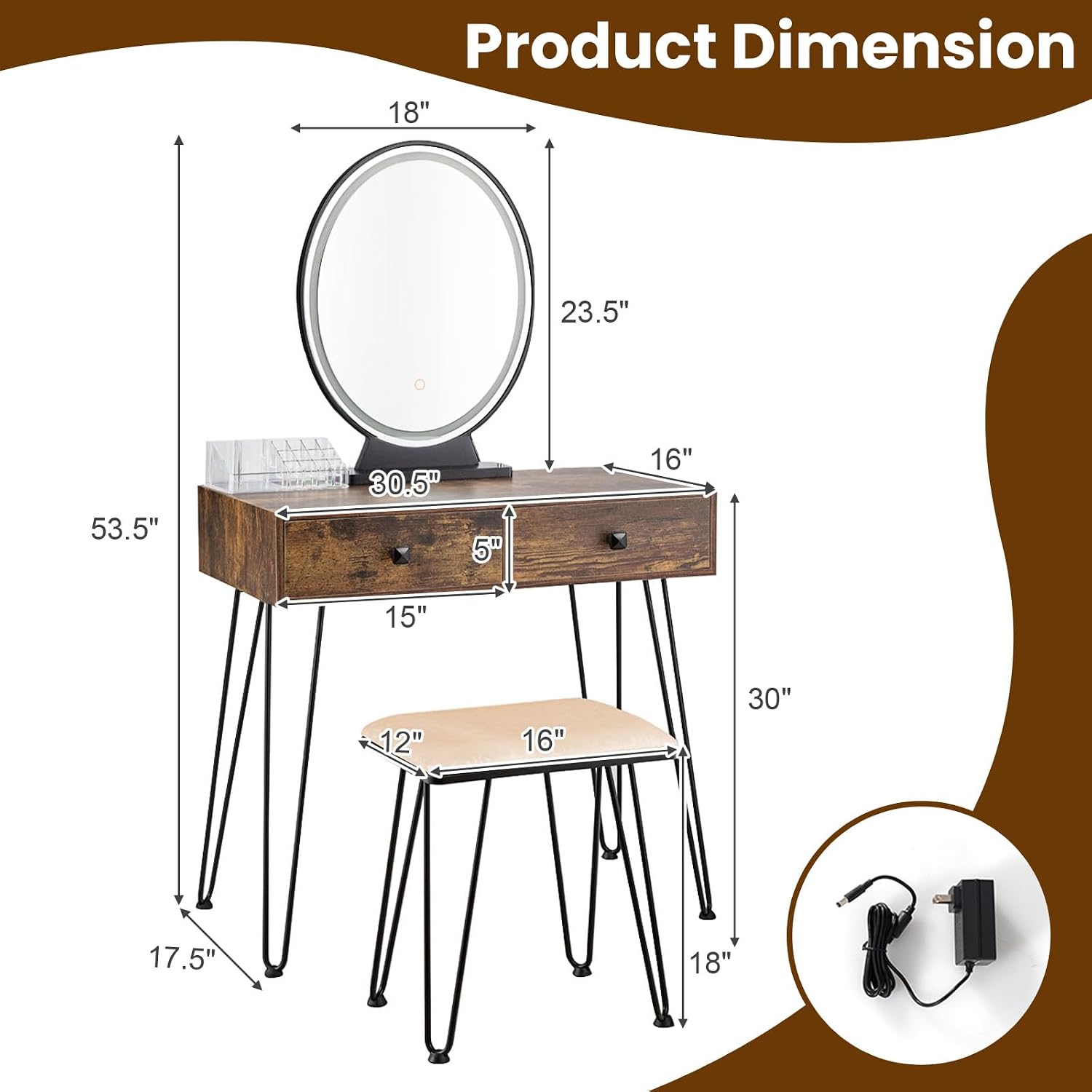 Byroce Vanity Desk with Lighted Mirror, 3 Color Lighting Modes, Adjustable Brightness, 2 Large Drawers & Acrylic Storage Box, Makeup Vanity Table with Cushioned Stool for Bedroom (Rustic Brown)