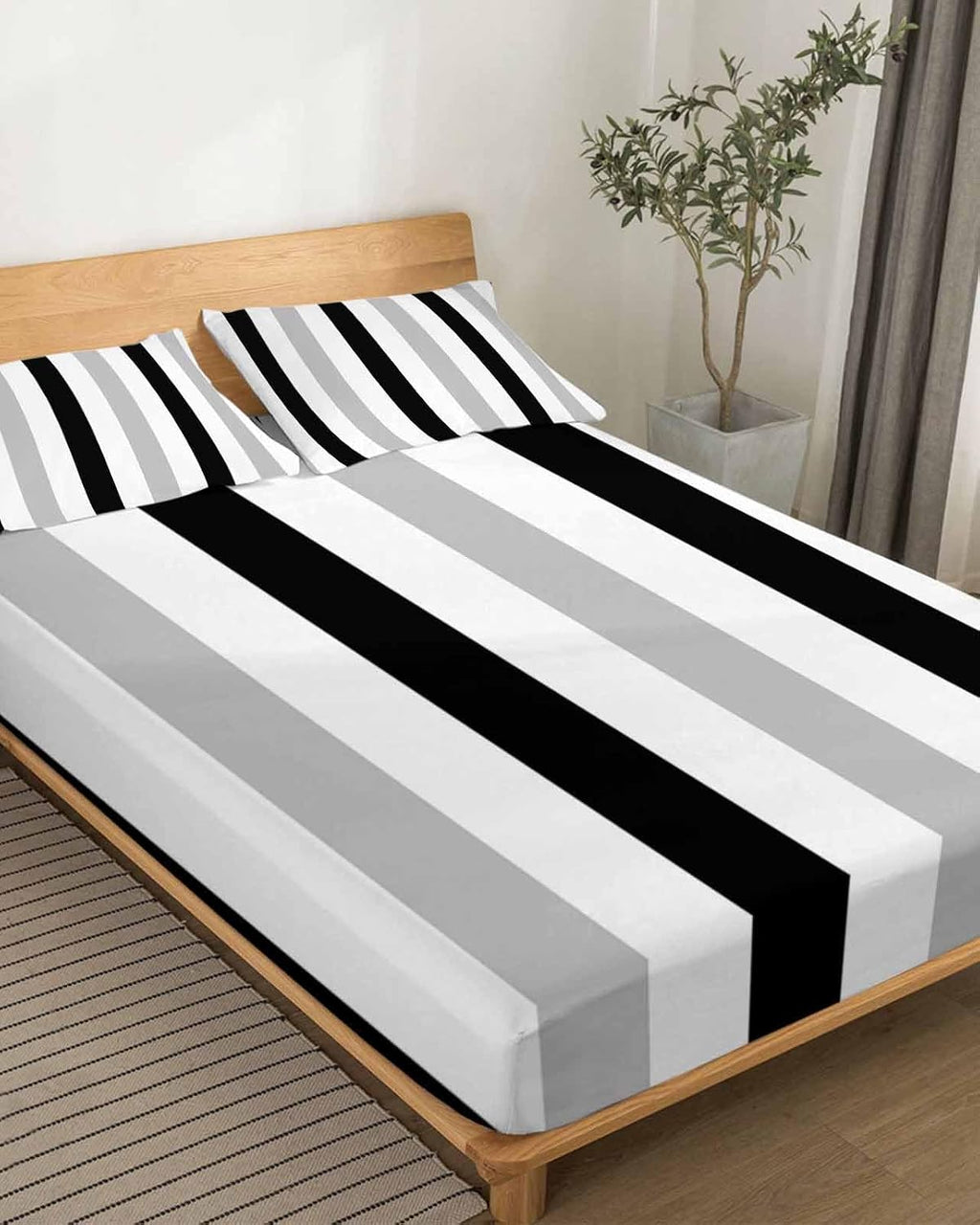 Black Grey Stripes King Sheet Set 4 Piece Bedding - White Striped Vertical Modern Geometric Breathable Comfy Cooling Bed Sheets & Pillowcase Sets,Hotel Luxury Flat Sheets Deep Pockets Fitted Sheet