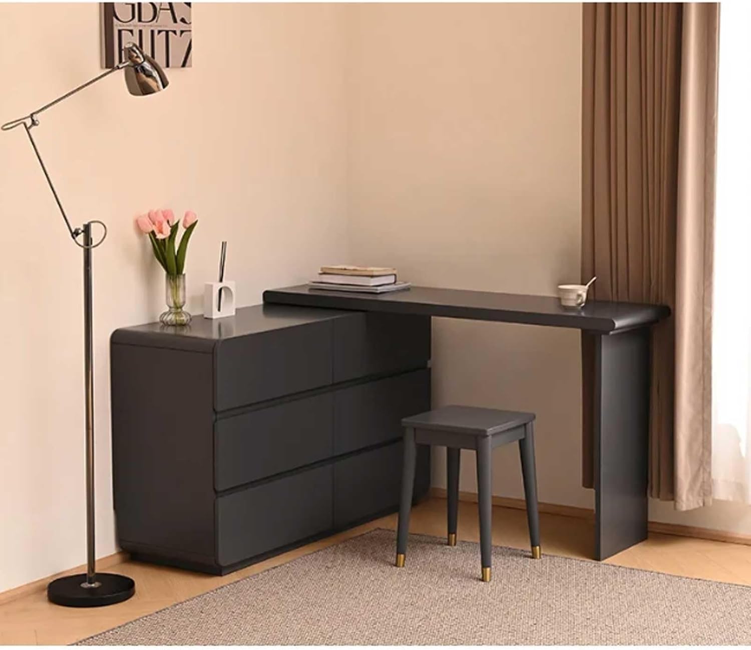 Makeup Vanity Desk Makeup Table Solid Wood Dresser Simple Modern Multiple Level Lockers Integrated Movable Corner Dresser Dressing Table(Walnut,130cm)