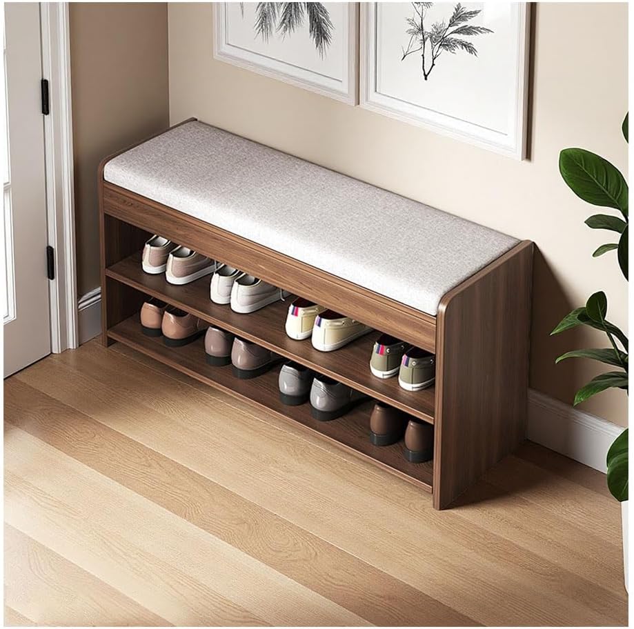 Solid Wood Shoe Bench, Open Shoe Storage Rack with Soft Seat Cushion and Round Corners Ample Seating Space Wide Horizontal Board for Stable Load-Bearing Walnut Colour 80cm