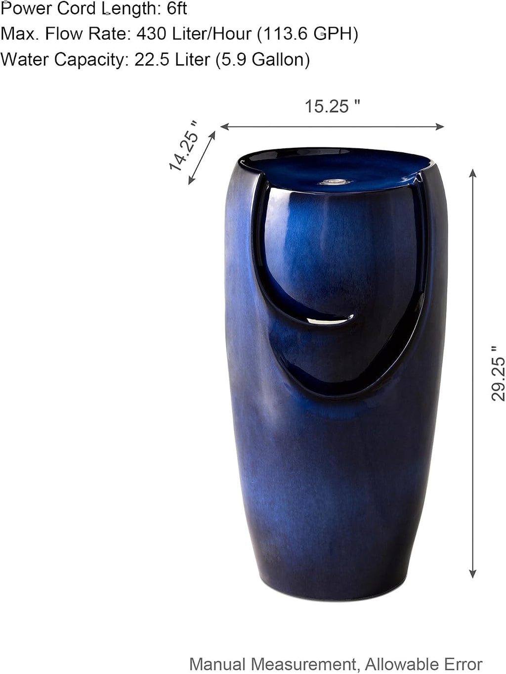 Glitzhome 29.25' H Outdoor Water Fountain Ceramic Jar Water Fountain with LED Light and Submersible Pump Vase Freestanding Water Fountain for Patio Garden Yard Art Decor, Cobalt Blue