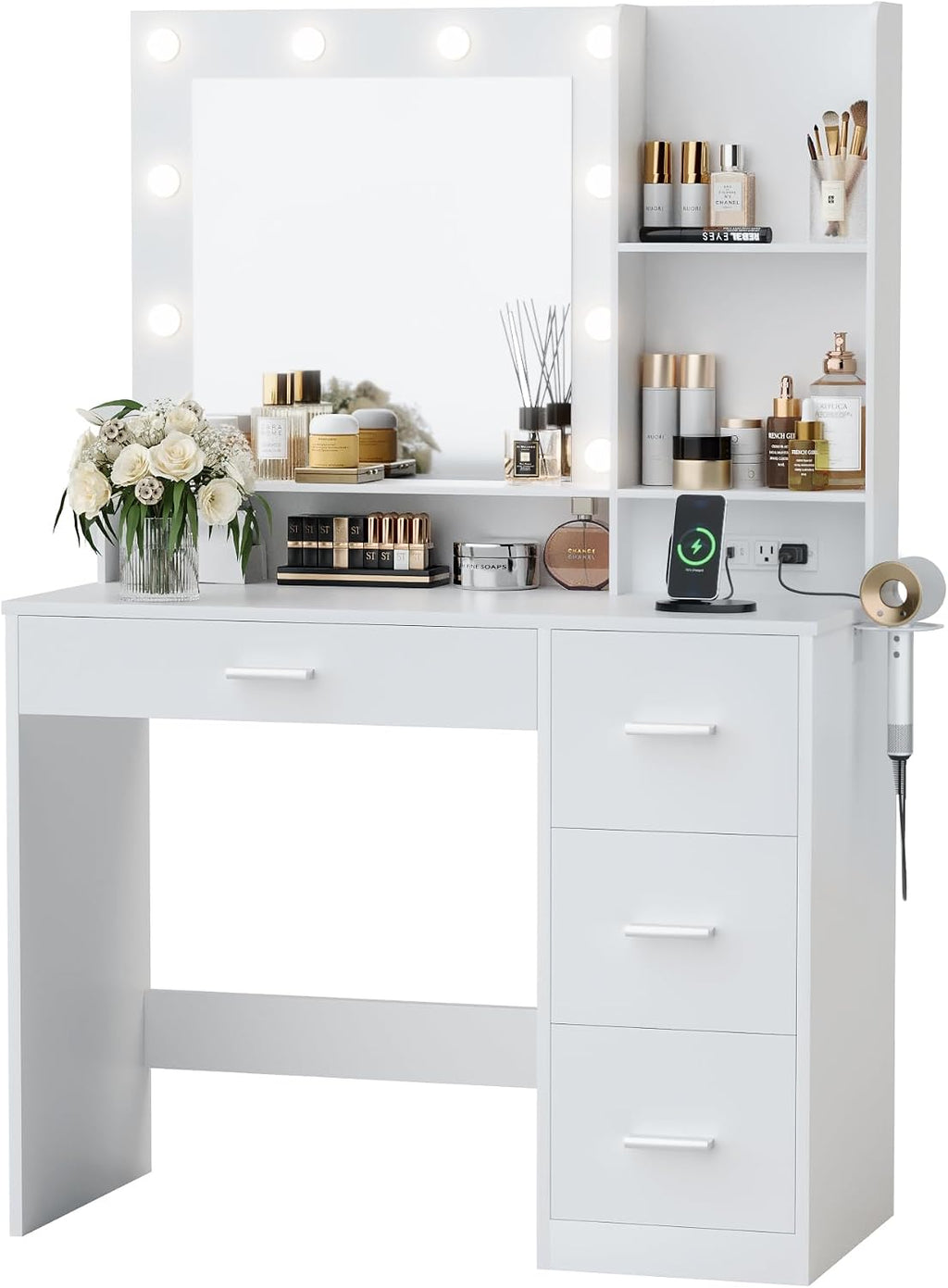 Furmax Vanity Desk with LED Lighted Mirror&Power Outlet, 39.3'' Makeup Vanity Table with 4 Drawers and 3 Storage Shelves, Adjustable 3 Lighting Colorfor Bedroom&Dressing Room (White)