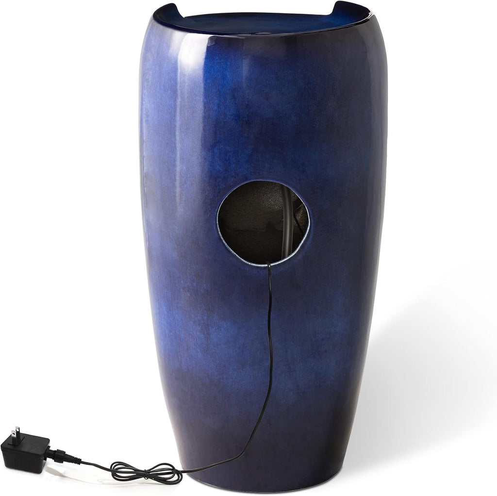 Glitzhome 29.25' H Outdoor Water Fountain Ceramic Jar Water Fountain with LED Light and Submersible Pump Vase Freestanding Water Fountain for Patio Garden Yard Art Decor, Cobalt Blue