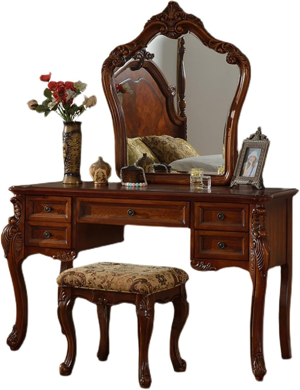 Mid Century European Antique Makeup Vanity, Vintage Brown Makeup Table with 5 Drawers and Mirror, Fabric Upholstered Stool, Bedroom Dressing Table for Women Girls (120cm/47in)