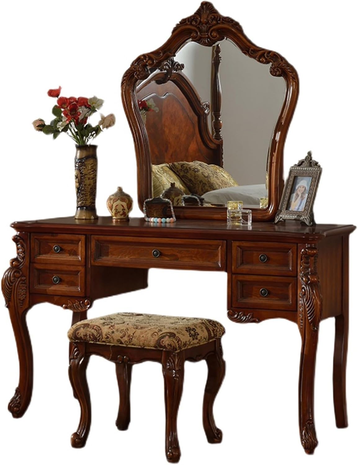 Mid Century European Antique Makeup Vanity, Vintage Brown Makeup Table with 5 Drawers and Mirror, Fabric Upholstered Stool, Bedroom Dressing Table for Women Girls (100cm/39in)