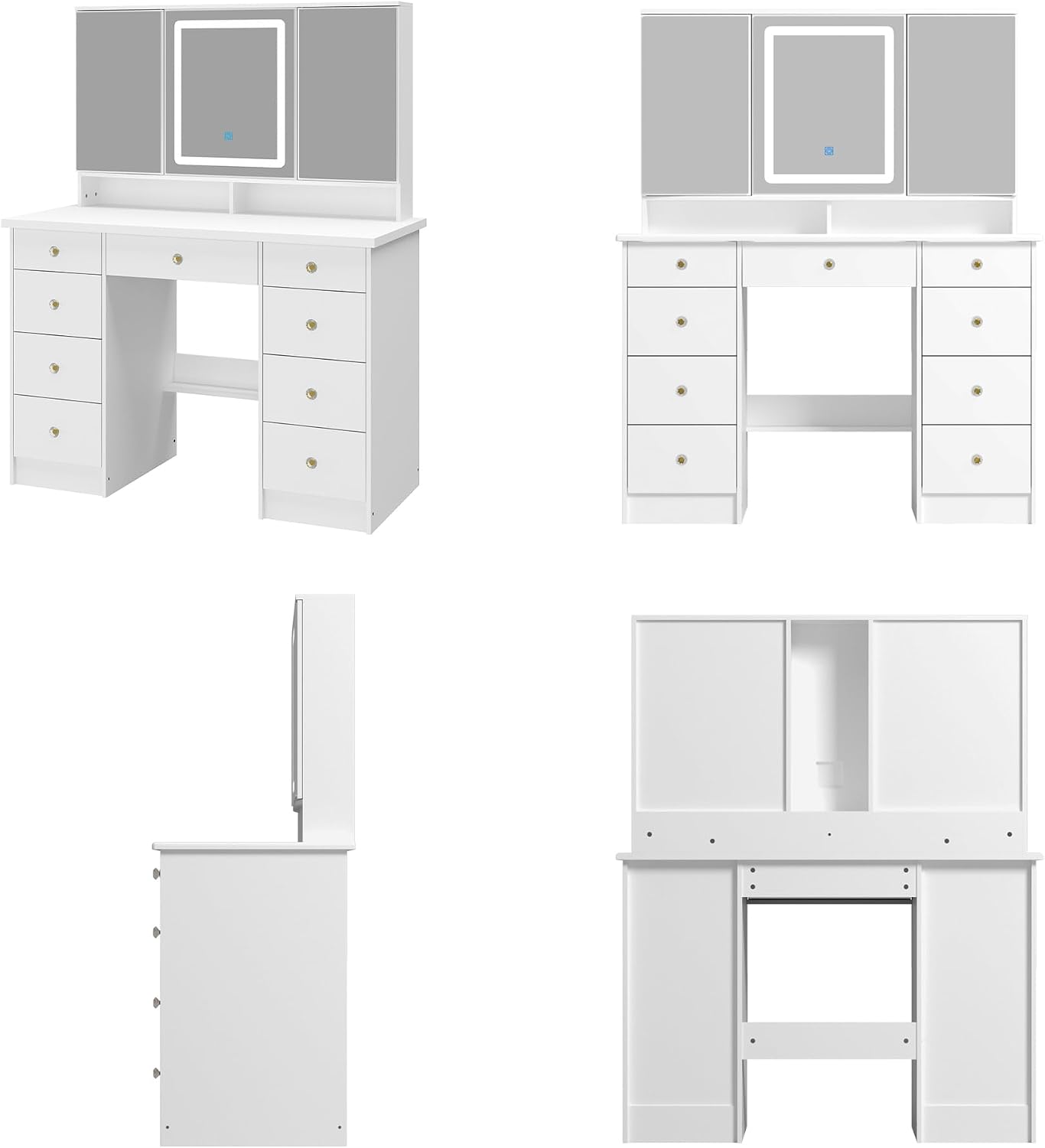 Timechee Vanity Mirror with Lights, Corner Vanity Desk with 9 Storage Drawers, 4 Large Shelves, 3 Color Lighting Options, Vanity Mirror Desk, Makeup Vanity Set for Bedroom, White