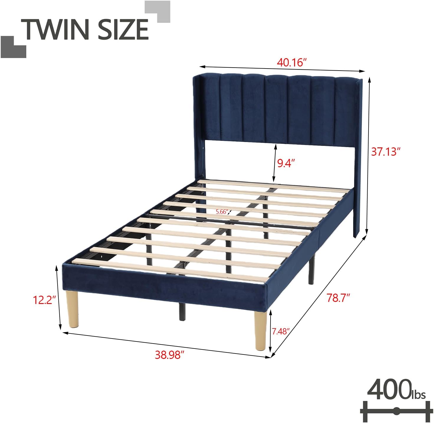 Twin Size Bed Frame with Headboard, Modern Upholstered Velvet Platform Bed, Heavy Duty Wooden Slats Support, No Box Spring Needed, Noise-Free & Easy Assembly, Blue