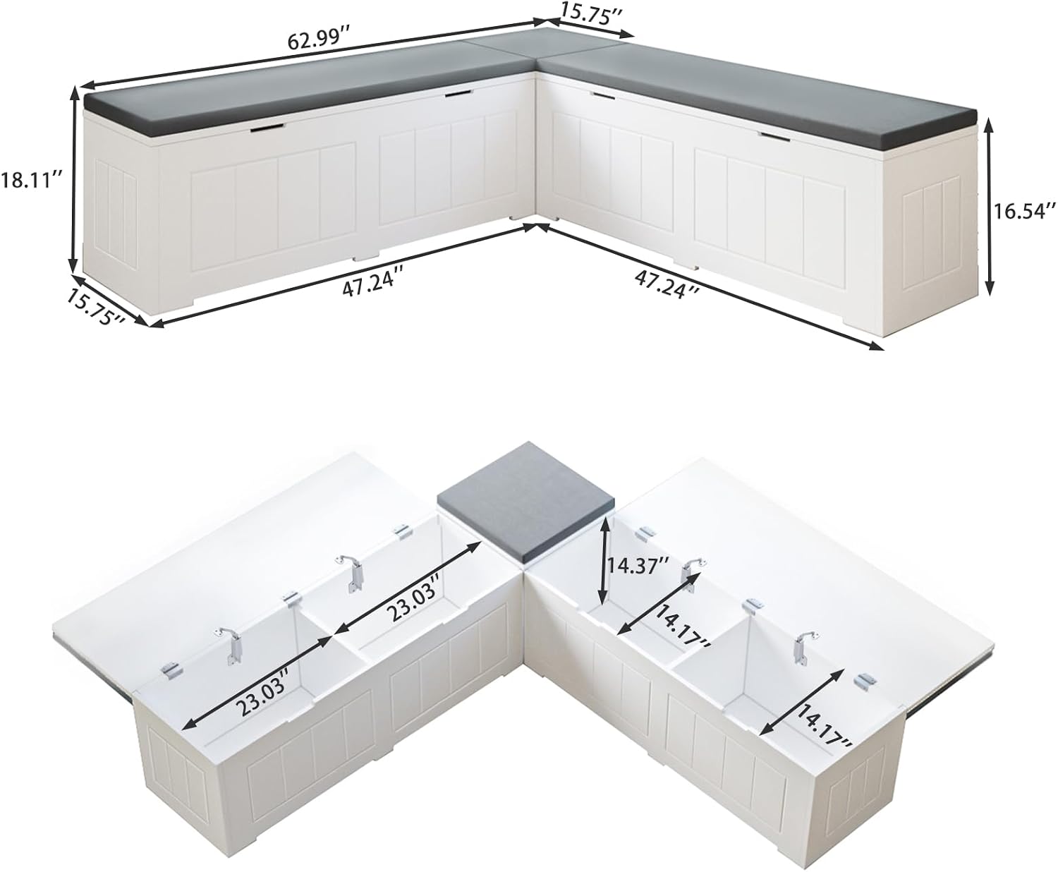 L-Shaped Corner Storage Bench Compartments & Cushioned Seat, Kitchen Breakfast Nook Bench with Hidden Storage, Wood Flip-Top Shoe Benches for Entryway Cloakroom, White & Grey