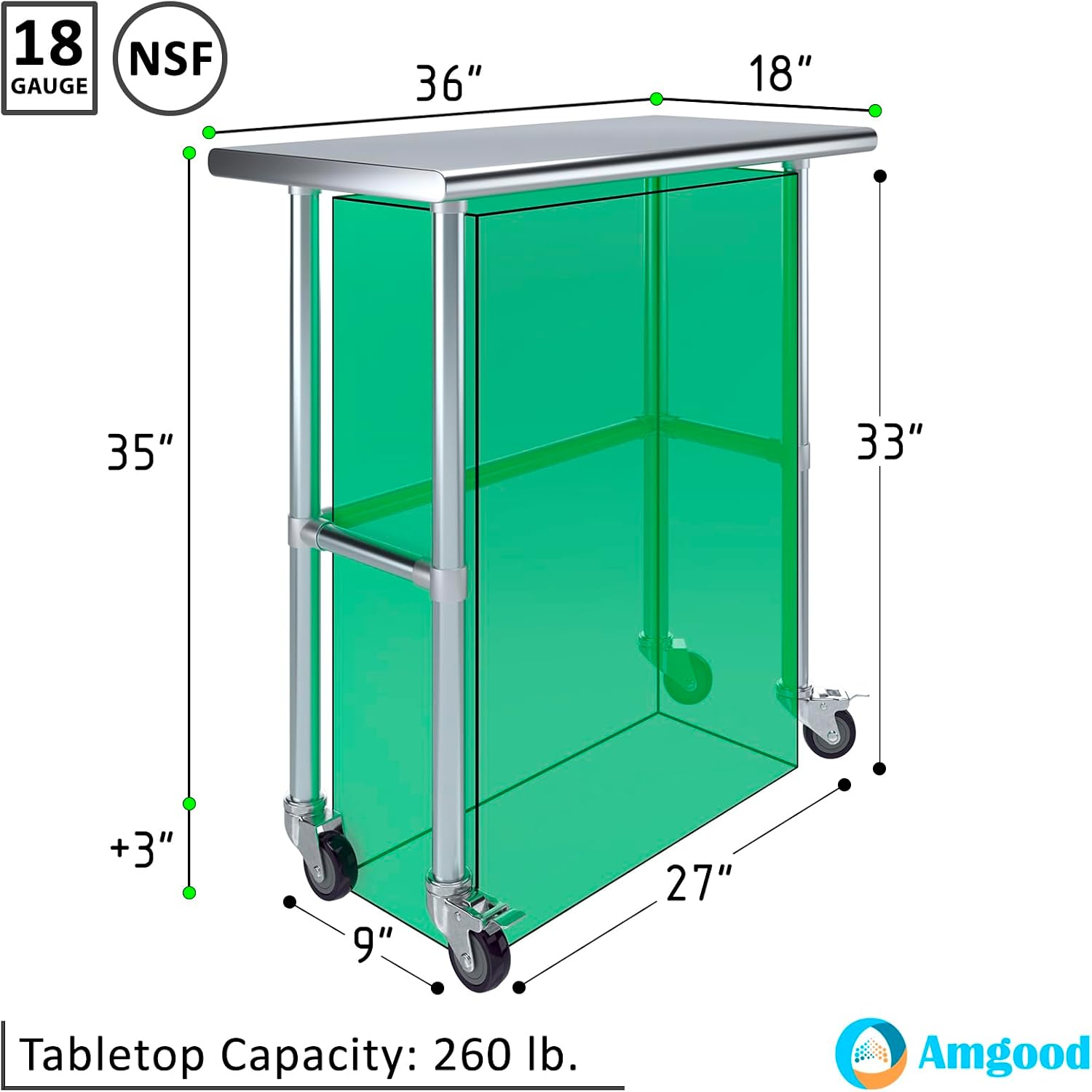 AmGood Stainless Steel Work Table Open Base & Wheels | Work Station | Metal Work Bench (Stainless Steel Work Table Open Base + Casters, 36' Long x 18' Deep)