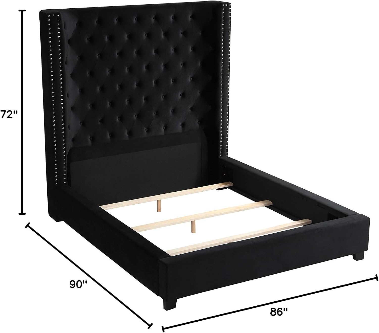 Jaclyn Velvet Transitional Upholstered Bed Frame with 70' Tall Straight Edge Headboard, Button Tufting and Nailhead Trim, Bedroom Furniture, (Black, King (U.S. Standard))