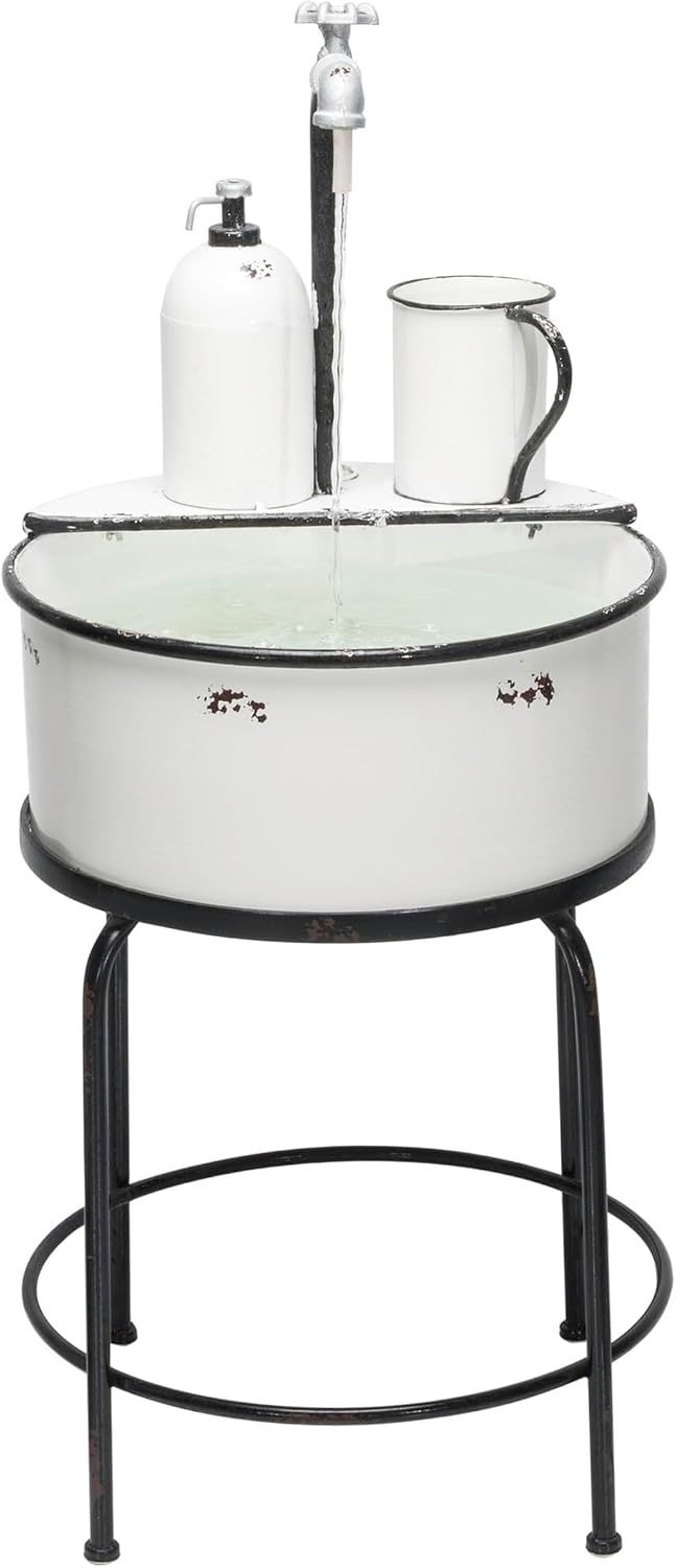 Alpine Corporation YHL168 Outdoor Vintage Metal Sink Water Floor Fountain with Stand, 34' Tall, White
