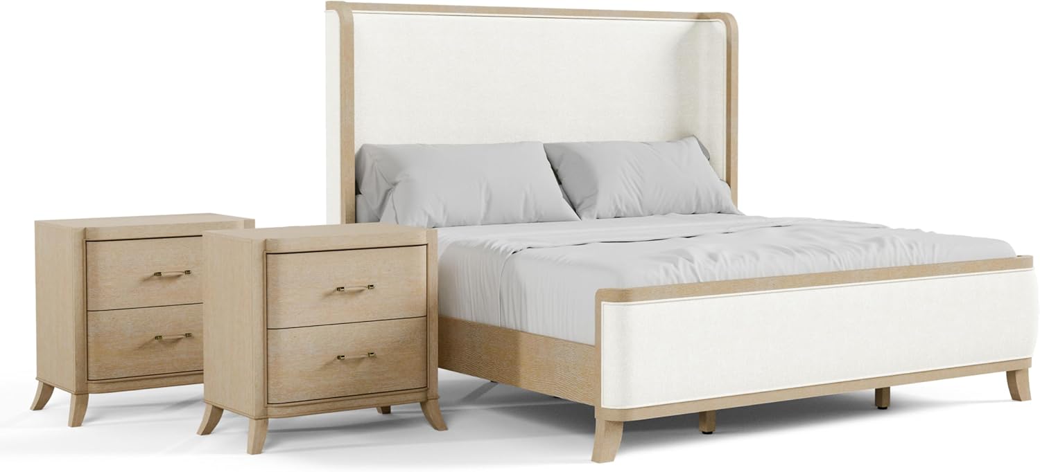 Furniture of America Saries Transitional Solid Wood 3-Piece King Panel Bedroom Set with USB Ports, Shelter Padded Headboard, Soft Curved Edges, Box Spring Needed, Natural Oak