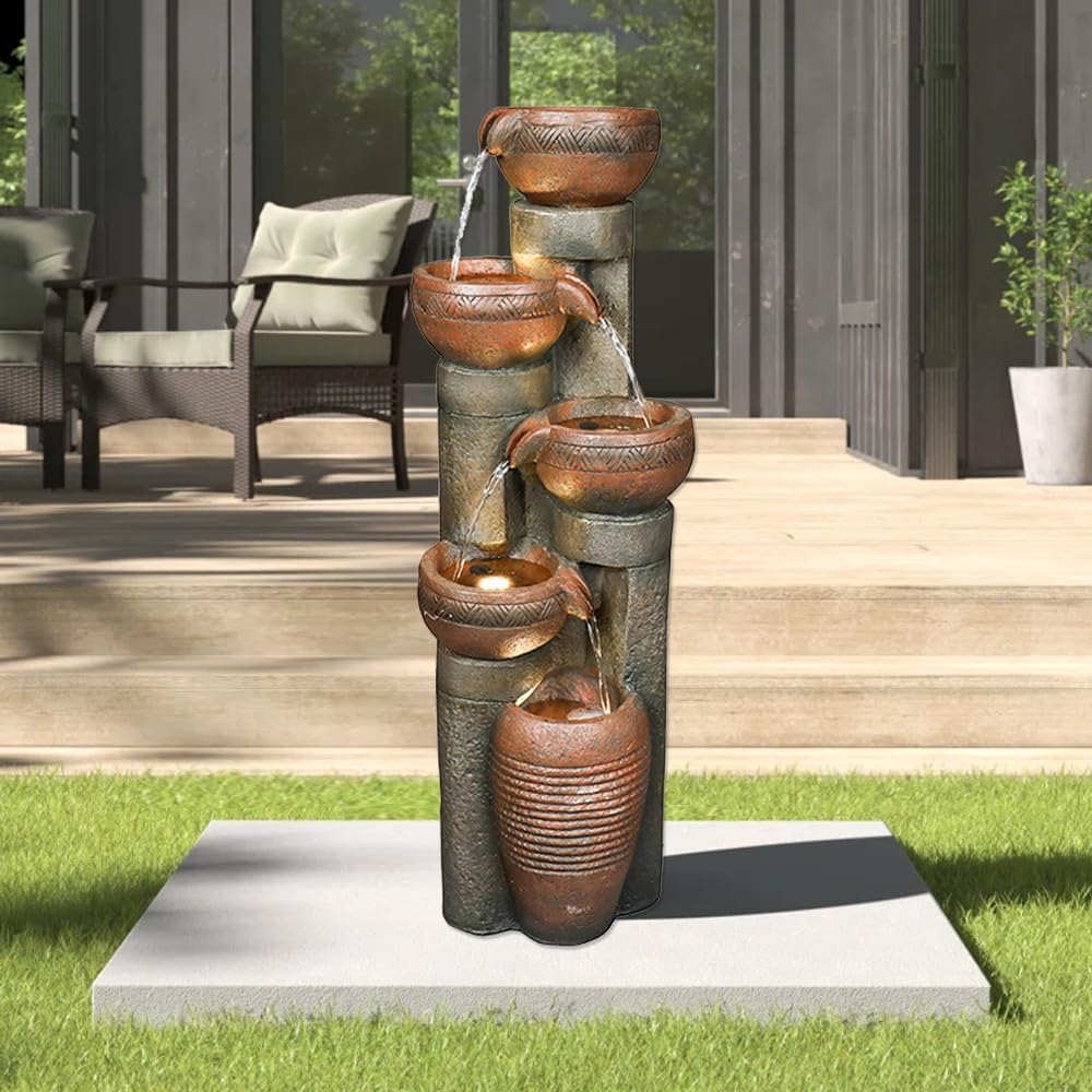 Outdoor Garden Water Fountain-Indoor Polyresin Waterfall Floor-Standing Fountains with LED Lights for Garden, Patio, Deck, Porch, Yard Art Decor (39.7inch)