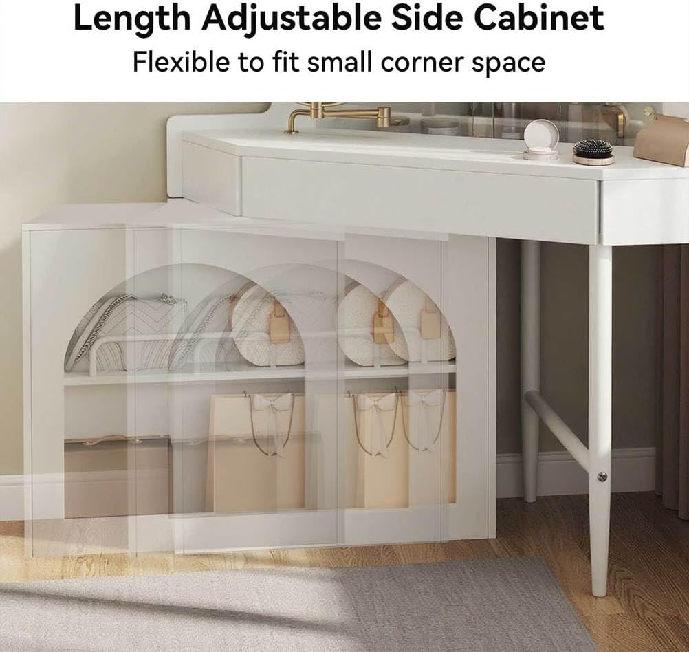 Corner Makeup Vanity Desk with Mirror and Lights, LED 3-Color Adjustable, Large Drawers & Side Cabinet, Cushioned Stool, Modern Dressing Table for Bedroom Small Spaces,White