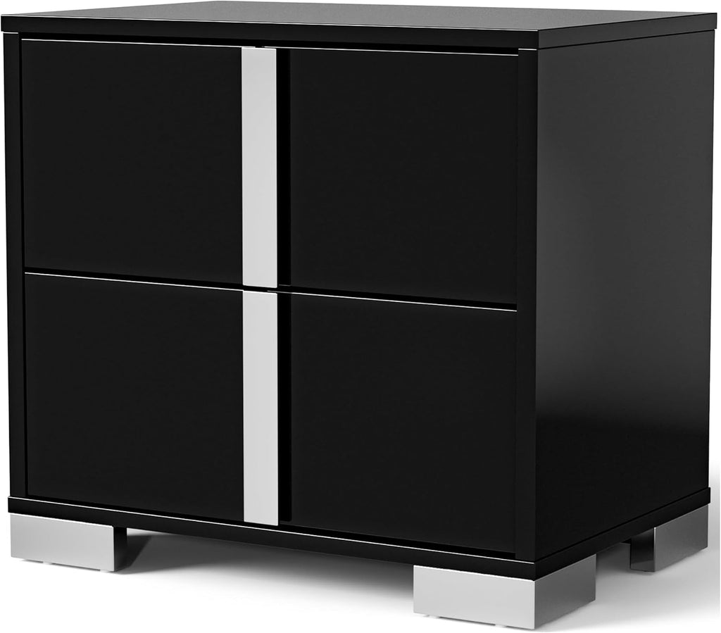 Furniture of America Alistair Modern Wood 2-Piece Bedroom Set with LED on Headboard Bed, Ball-Bearing Glides, Vertical Chrome Handles on Nightstand, Box Spring Required, King, Black