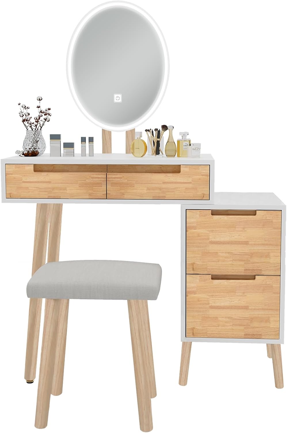 YOURLITE Makeup Vanity Desk with Lighted Mirror, 3 Color Modes & Dimmable LED Lights, Small Dressing Table with 4 Drawers and Storage, Ideal for Bedroom, Bathroom