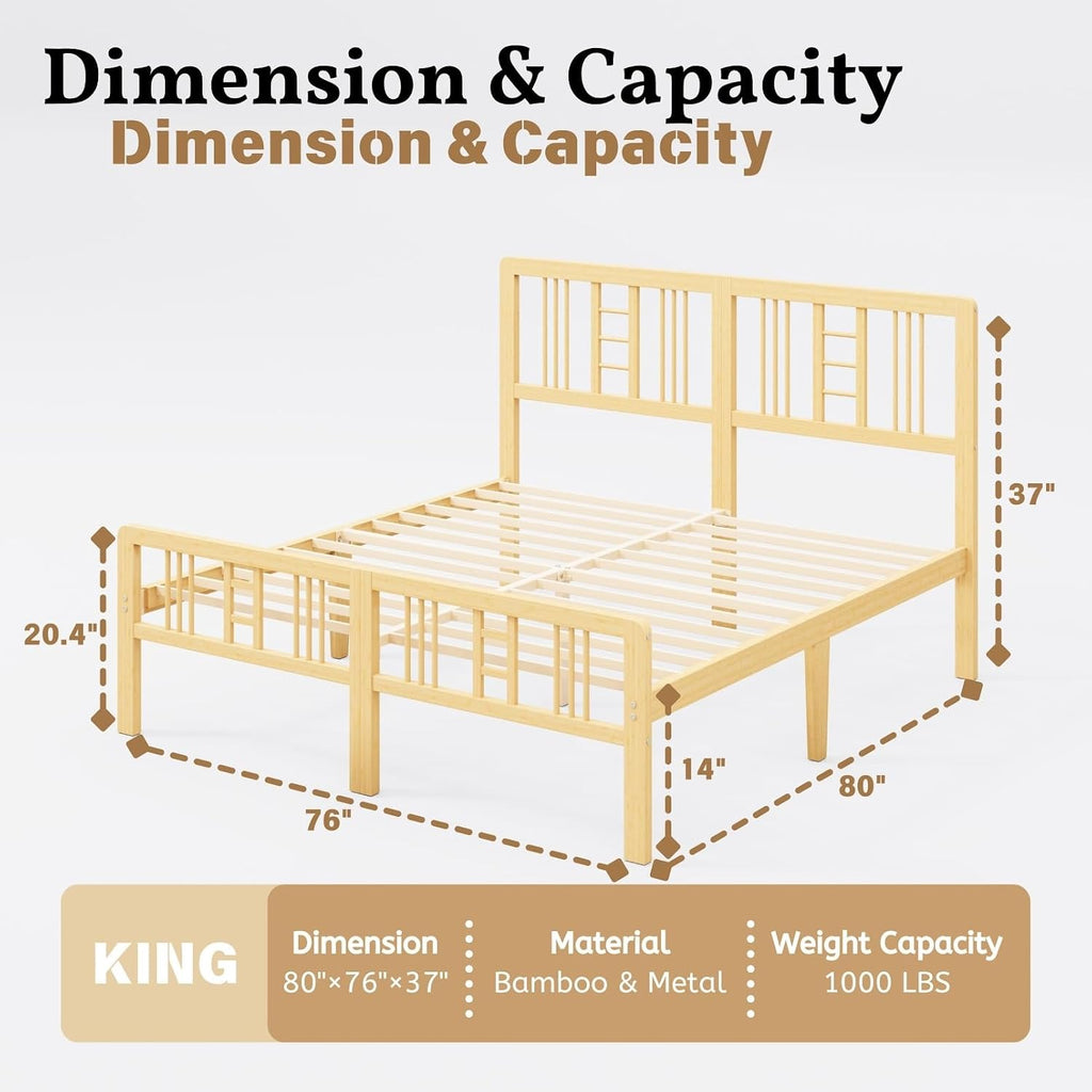 14 Inch Bamboo Wood King Size Platform Bed Frame with Headboard and Footboard, Metal Slat Support King Bed Frame No Box Spring Needed, Heavy Duty, Easy Assembly, Noise Free, Reinforced