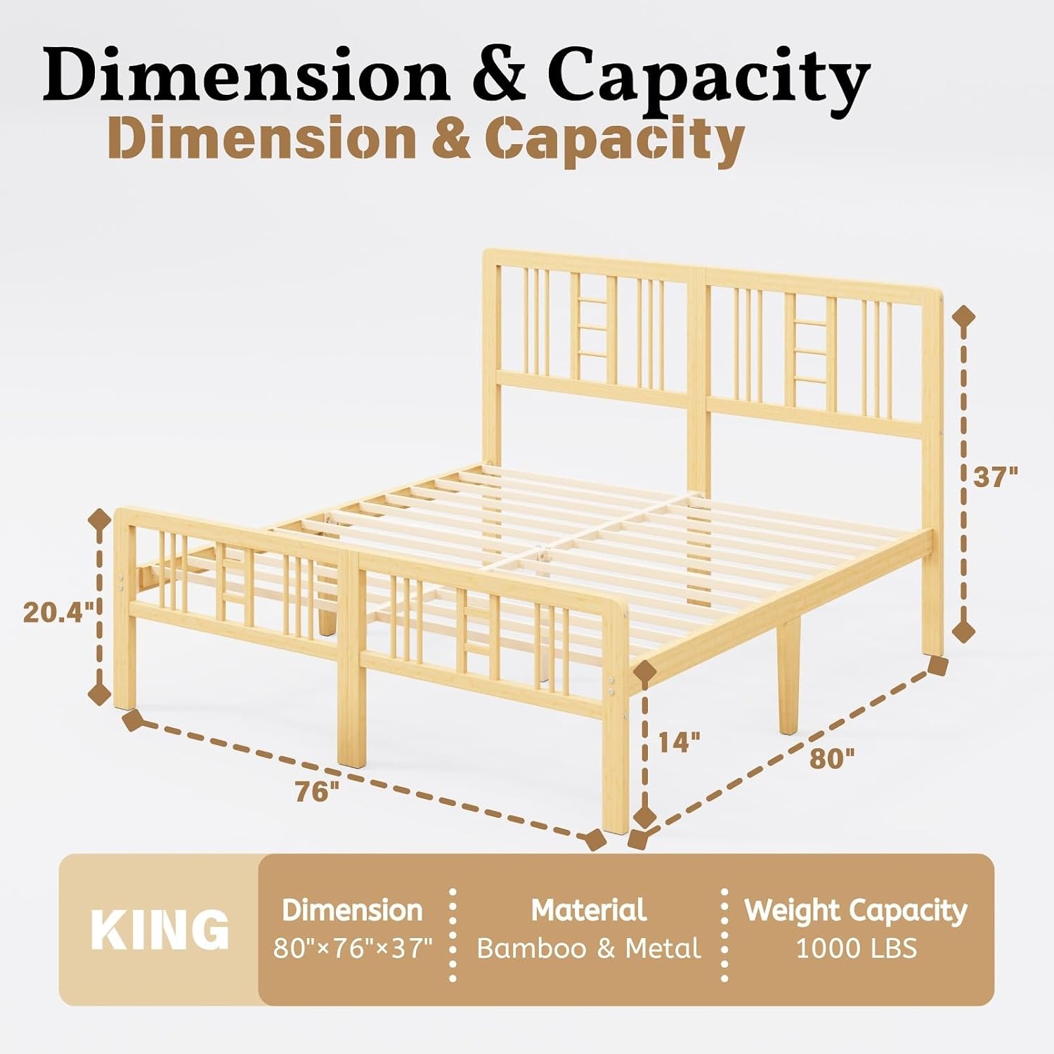 14 Inch Bamboo Wood King Size Platform Bed Frame with Headboard and Footboard, Metal Slat Support King Bed Frame No Box Spring Needed, Heavy Duty, Easy Assembly, Noise Free, Reinforced