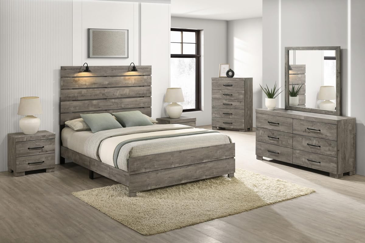 Modern 6-Piece Eastern King Bedroom Set with LED Reading Lamps and USB Nightstands – Panel Bed Frame, Dresser, Mirror, Chest, and 2 Nightstands in Antique Gray Laminate Finish
