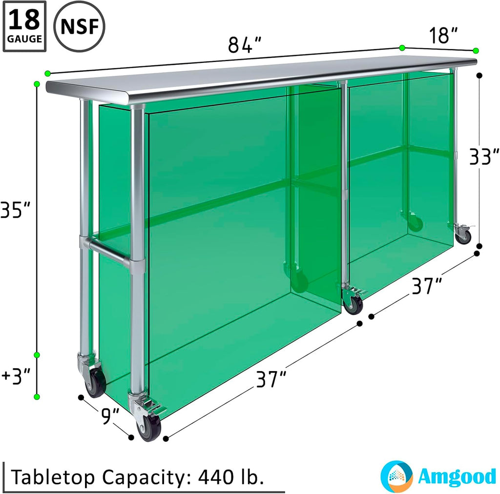 AmGood Stainless Steel Work Table Open Base & Wheels | Work Station | Metal Work Bench (Stainless Steel Work Table Open Base + Casters, 84' Long x 18' Deep)
