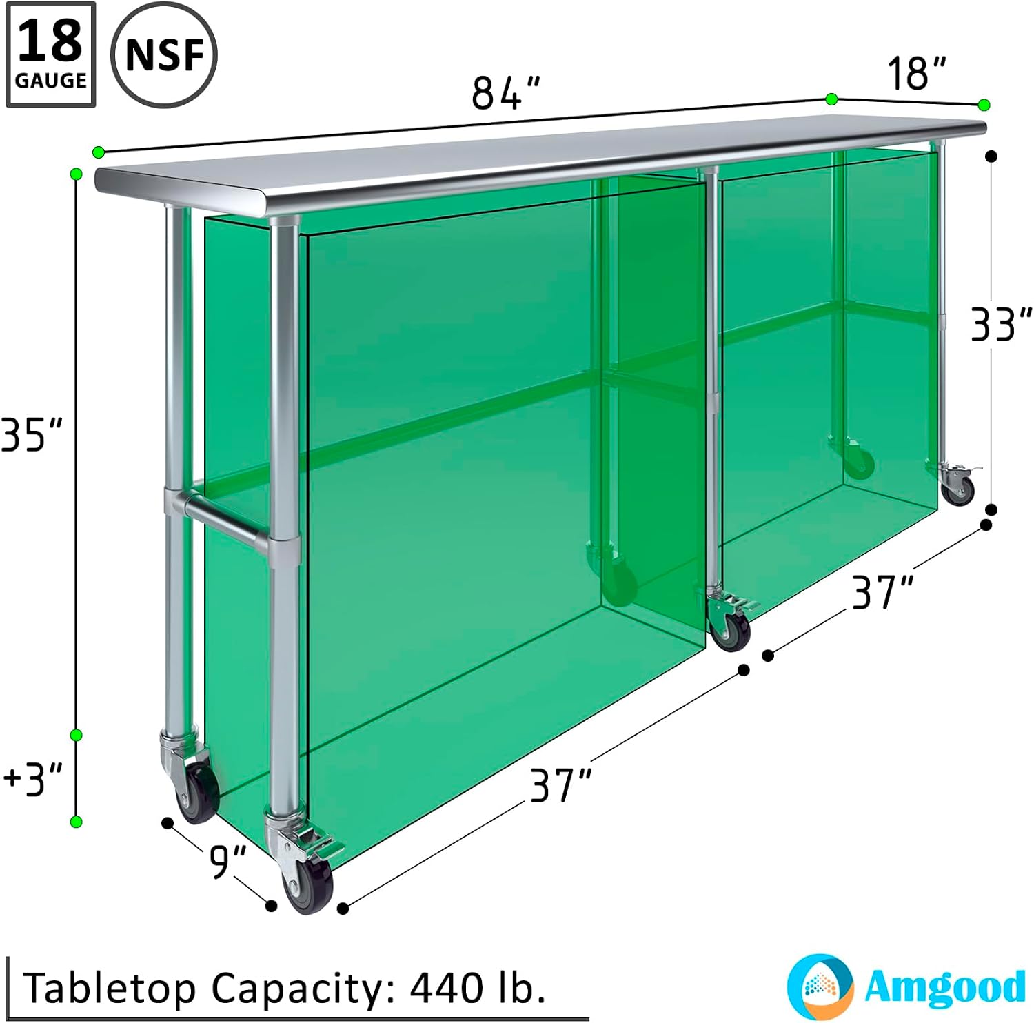 AmGood Stainless Steel Work Table Open Base & Wheels | Work Station | Metal Work Bench (Stainless Steel Work Table Open Base + Casters, 84' Long x 18' Deep)