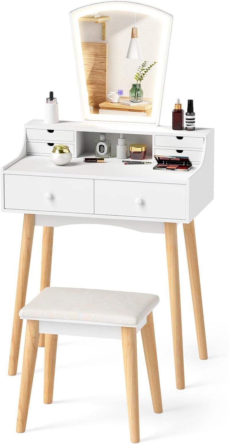 CHARMAID Small Vanity Desk with Mirror and Lights, White Makeup Vanity Desk with 6 Drawers, Adjustable 3 Color Lighting Modes, Compact Girls Bedroom Vanity Dressing Table with Stool for Small Space