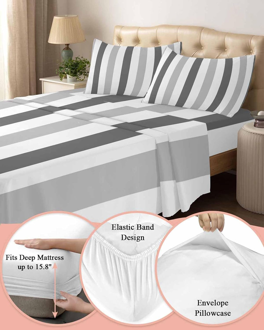 Grey Striped King Sheet Set 4 Piece Bedding - Geometric Ombre Vertical Stripes Minimalist Breathable Comfy Cooling Bed Sheets & Pillowcase Sets,Hotel Luxury Flat Sheets Deep Pockets Fitted Sheet