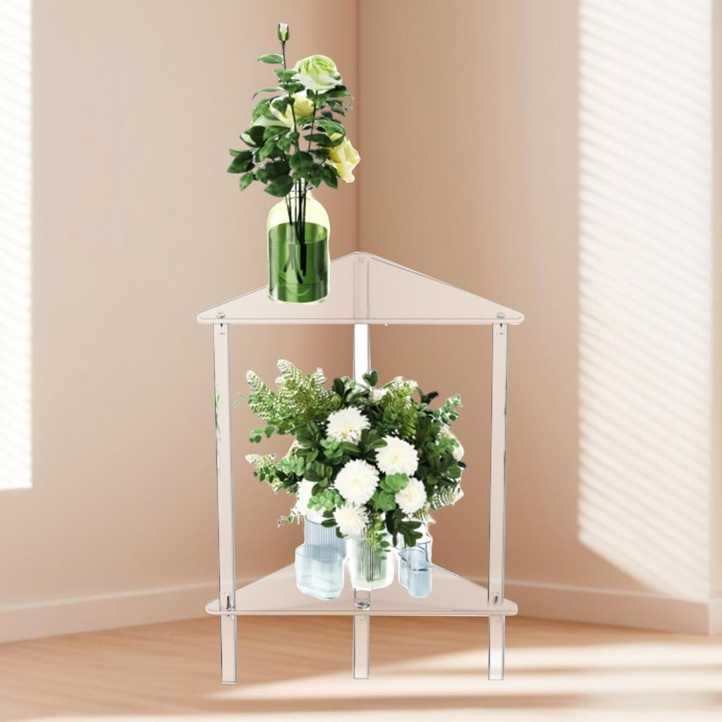 Acrylic Corner Shelf End Table Plant Stand, Clear Side Table Dresser Organizer, Vanity Stand for Counter