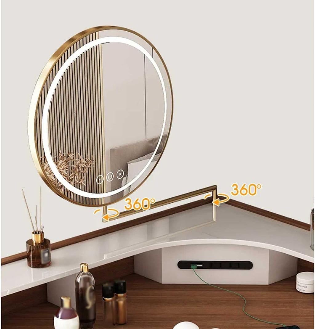 Makeup Vanity Desk Modern Corner Vanity Large Size Dresser with Cabinet and Rotating Mirror Makeup Dressing Table