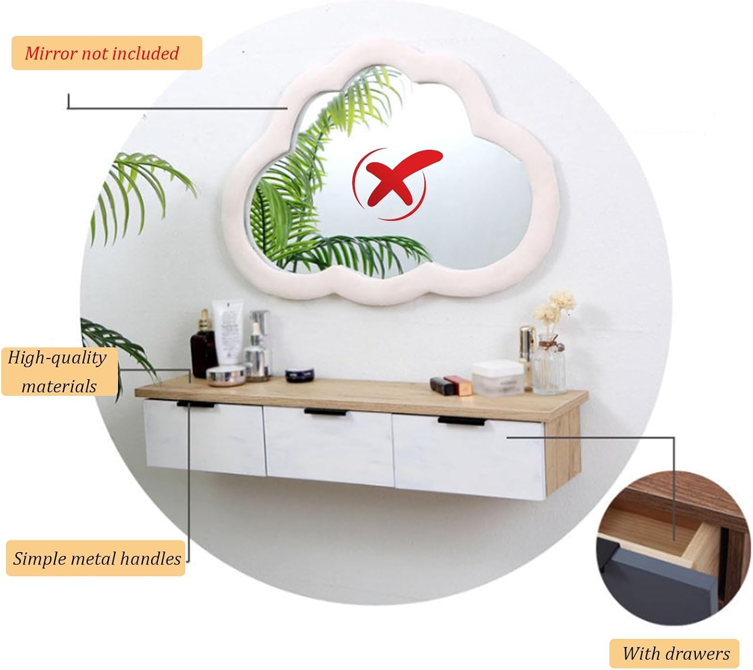 80cm Floating Vanity Makeup Table with 3 Drawers, Wall-Mounted Wood Makeup Desk, Modern Corner Space-Saving Desk or Nightstand, for Bedroom(D)