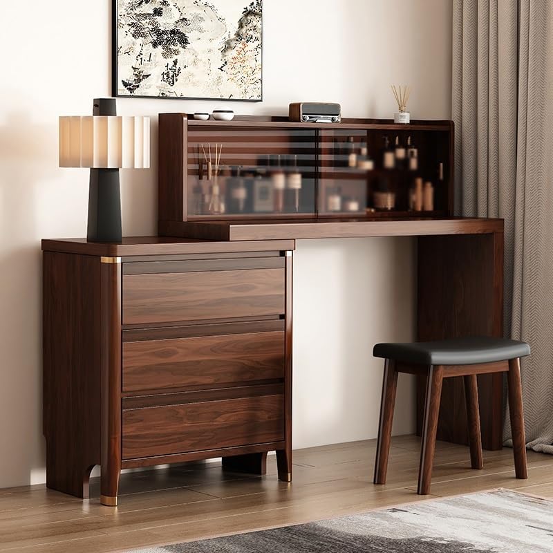 Makeup Vanity Dressing Table with Cabinet Bedroom Chinese Style Dressing Table Corner Dressing Table Wooden Vanity(165x40x80.5cm)