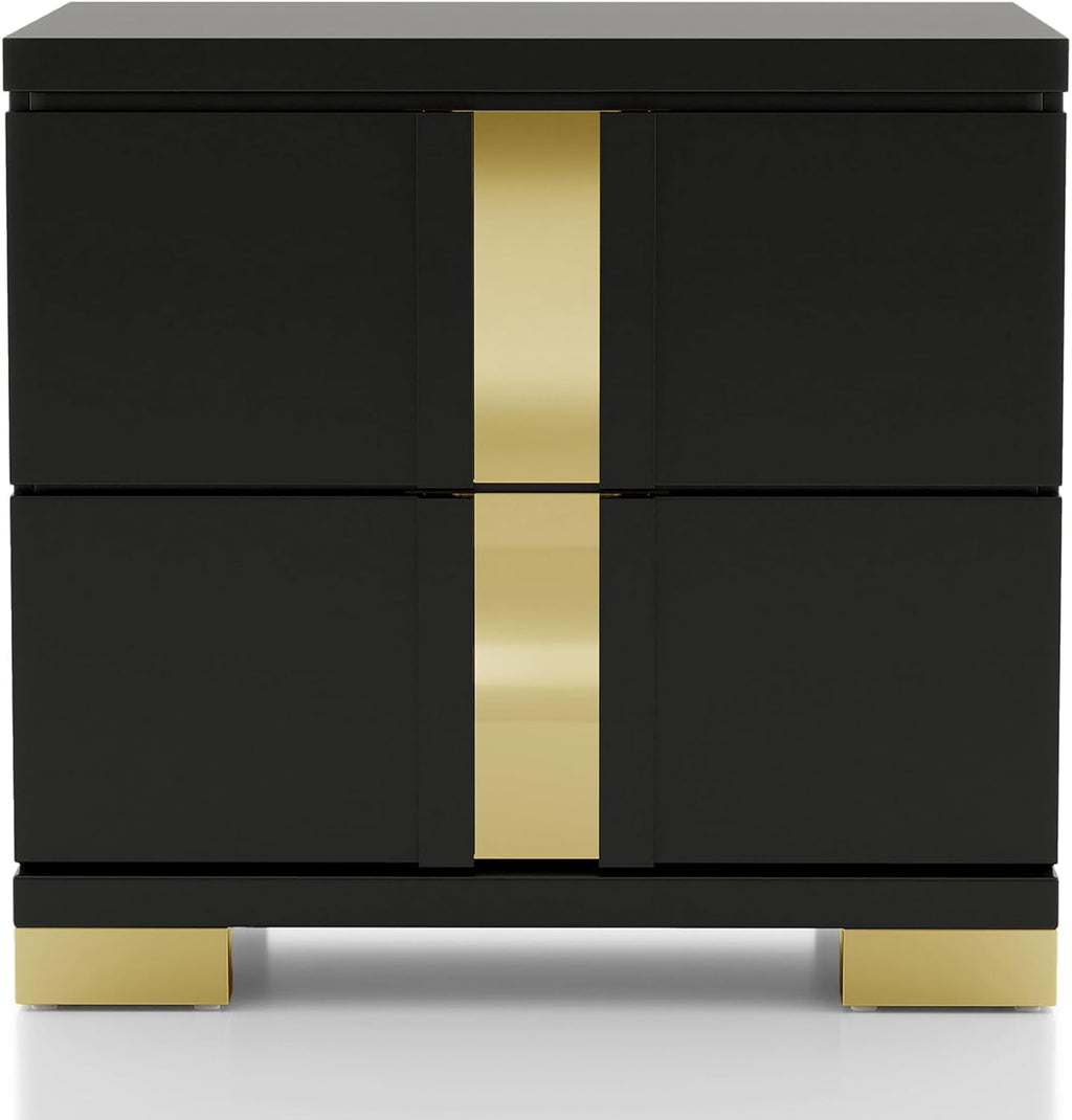 Furniture of America Ansten Modern Wood 6-Piece Platform Bedroom Set with Gold Trim, Underbed LED, Dust Proof Cases, Bracketed Metal Legs, No Box Spring Needed, Full, Black