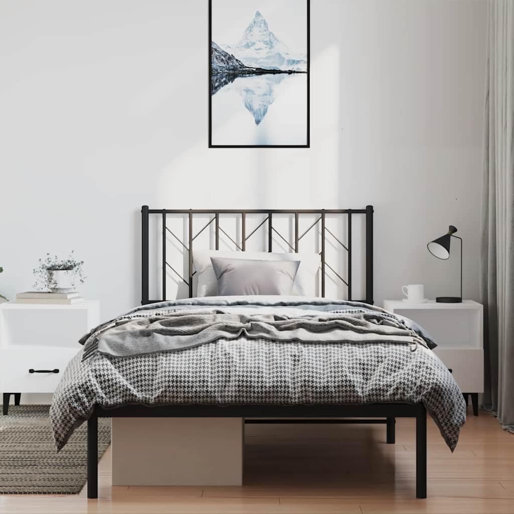 Black Powder-Coated Steel Single Bed Frame - Minimalist Metal Bedframe with Headboard, Sturdy and Space-Saving for Small Bedrooms and Guest Rooms, Easy Assembly Indoor Use