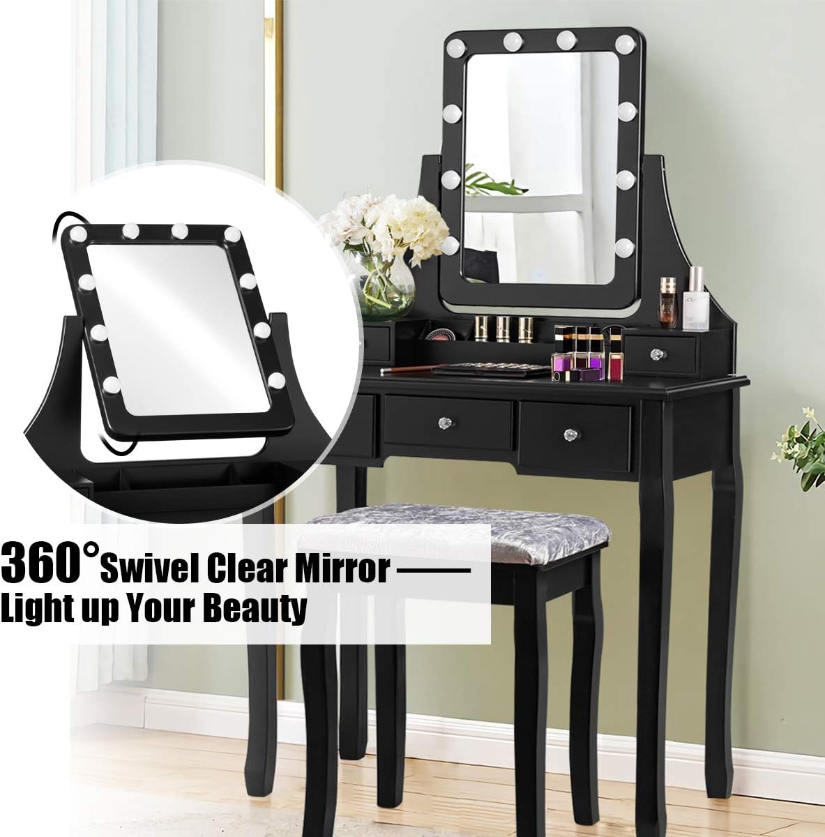 DORTALA Vanity Table Set w/ 360-Degree Rectangular Mirror & Cushioned Stool, Makeup Table w/ 10 LED Dimmable Bulbs, Bedroom Wood Dressing Table w/ 5 Drawers & Removable Box Organizer, Black