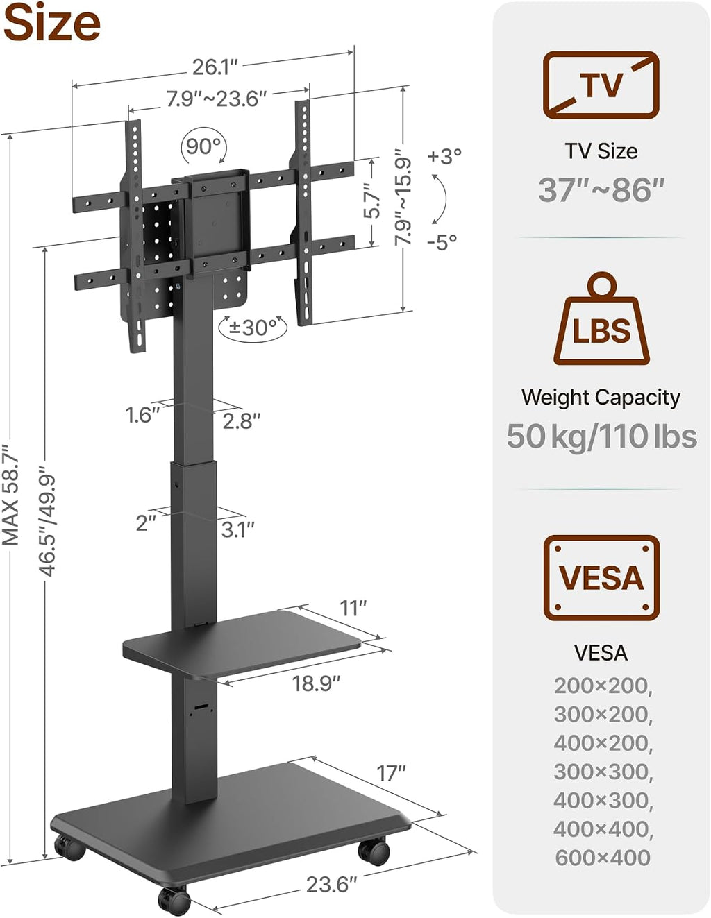 Steel Base Rolling TV Stand for 37-86 Inch TVs up to 110 lbs, Rotating & Tilt & Swivel Mobile TV Stand with Pegboard Storage Panel, Height Adjustable Portable TV Cart with Steel Shelf, Black