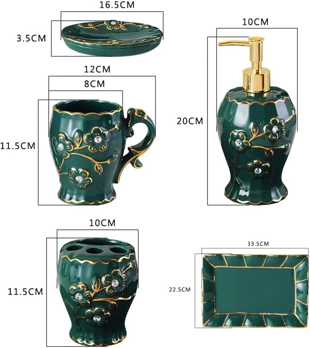 Vanity Bathroom Decor, Bathroom Accessory Set Dark Green Luxurious Embossed Pattern Ceramics Bath Set for Housewarming Gift Housewarming Gift(5-Piece Set)