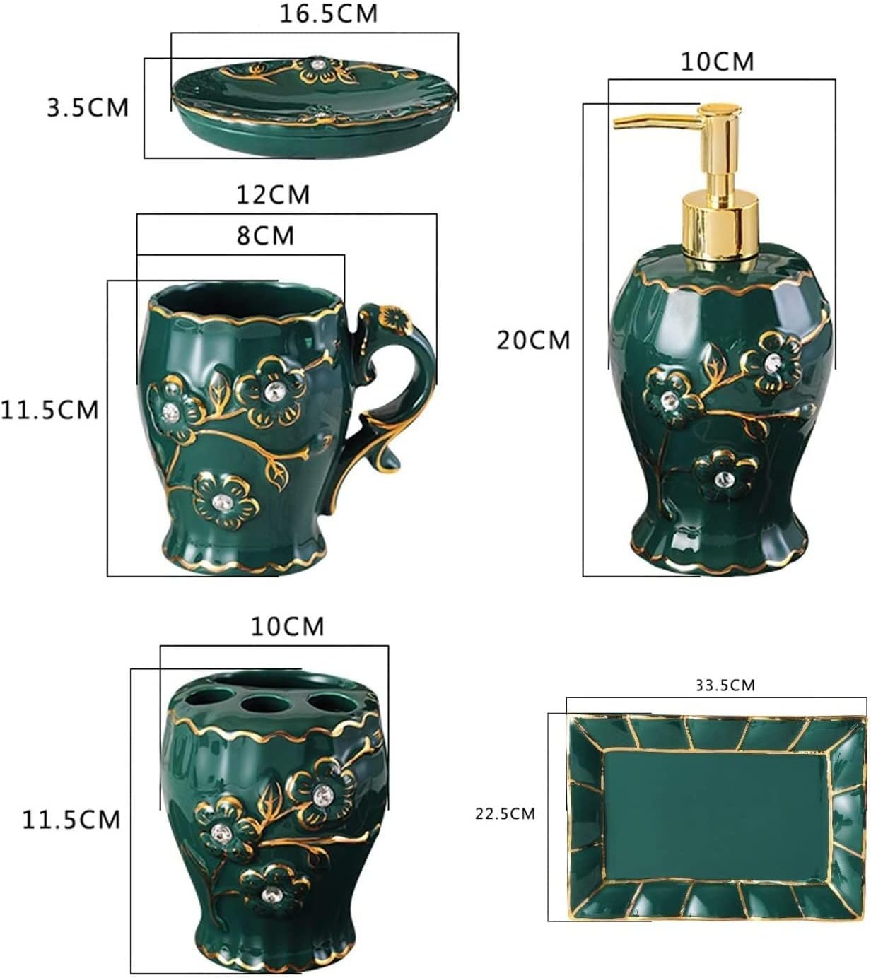 Vanity Bathroom Decor, Bathroom Accessory Set Dark Green Luxurious Embossed Pattern Ceramics Bath Set for Housewarming Gift Housewarming Gift(5-Piece Set)