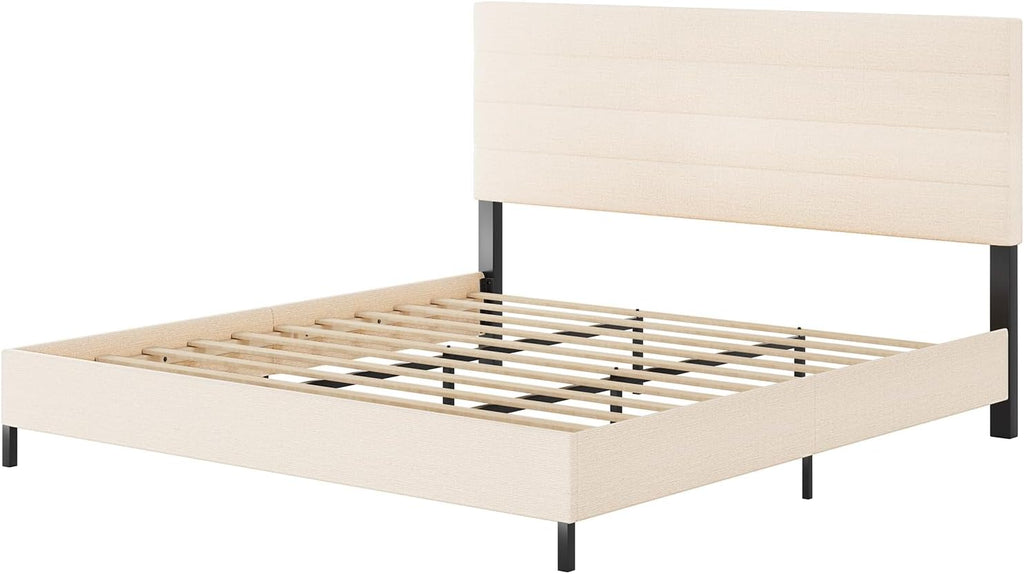 Furnihome King Size Bed Frame, Modern Upholstered Bed Frame King with Adjustable Linen Headboard, Wooden Slats Support Platform, No Box Spring Needed,Easy Assembly,Beige