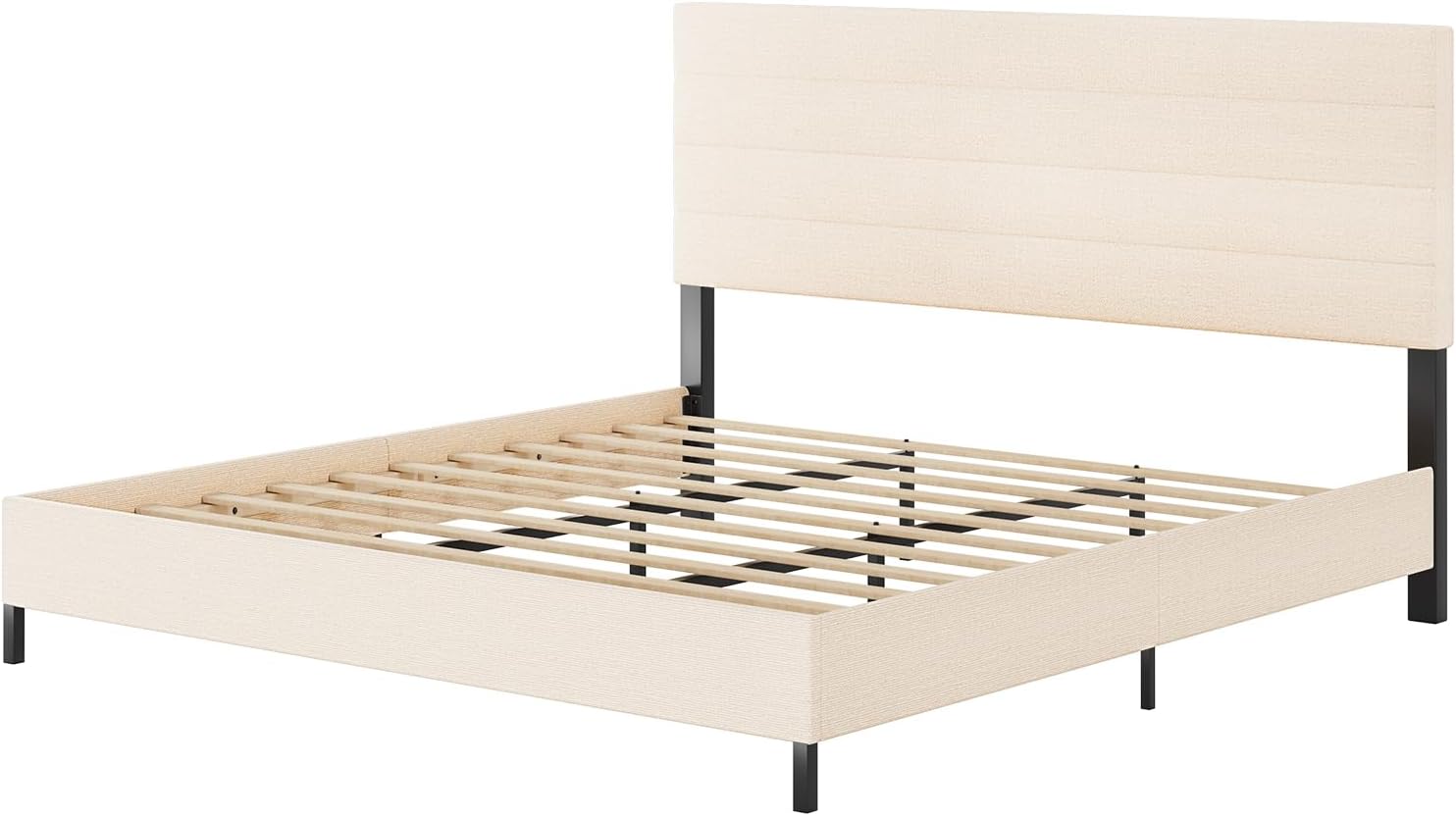 Furnihome King Size Bed Frame, Modern Upholstered Bed Frame King with Adjustable Linen Headboard, Wooden Slats Support Platform, No Box Spring Needed,Easy Assembly,Beige