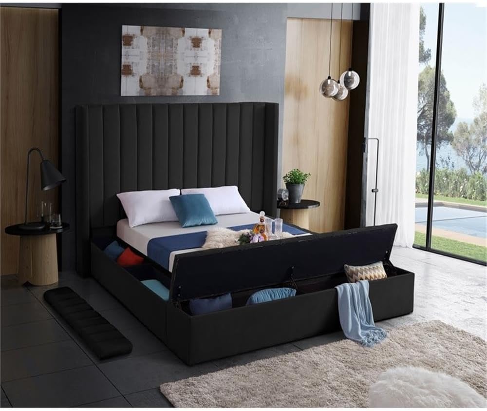 Meridian Furniture Kiki Collection Modern | Contemporary Velvet Upholsterd Bed with Channel Tufting, Siderails and Footboard Storage Compartments, Full, Black