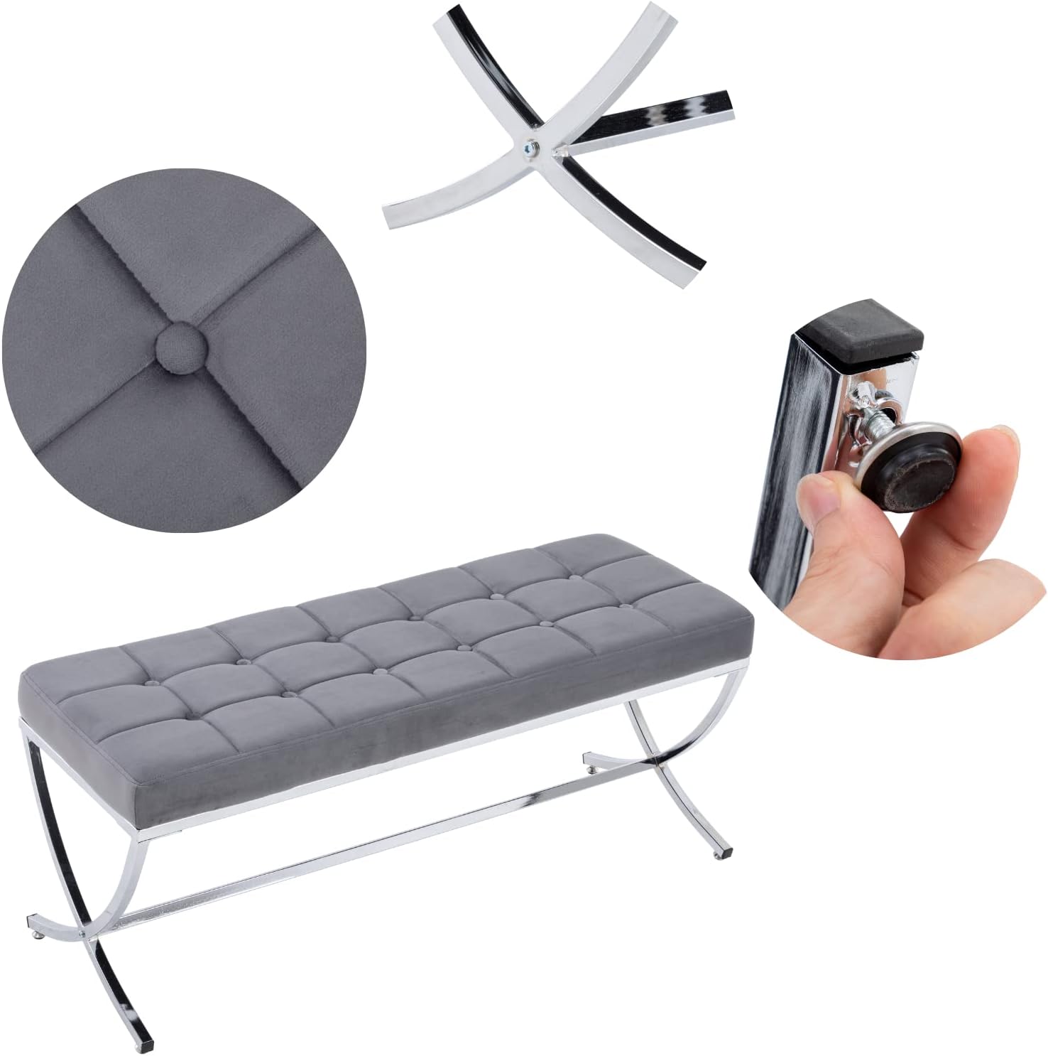 LukeAlon Modern Velvet Dining Bench, Button Tufted Ottoman Bench with X-Shape Chrome Finish Upholstered End of Bed Bench Comfy Entryway Bench for Bedroom Kitchen, Grey
