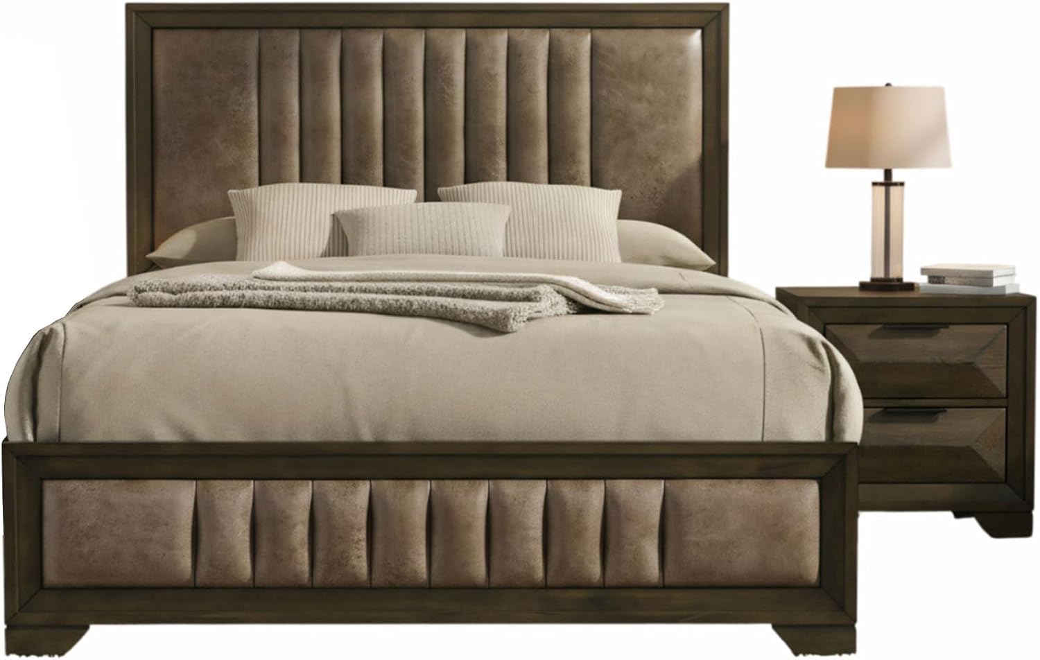 Kings Brand Furniture 2-Piece Boudin Walnut Bedroom Set – Wood Bed Frame with Upholstered Headboard and Footboard, 1 Nightstand (Queen)