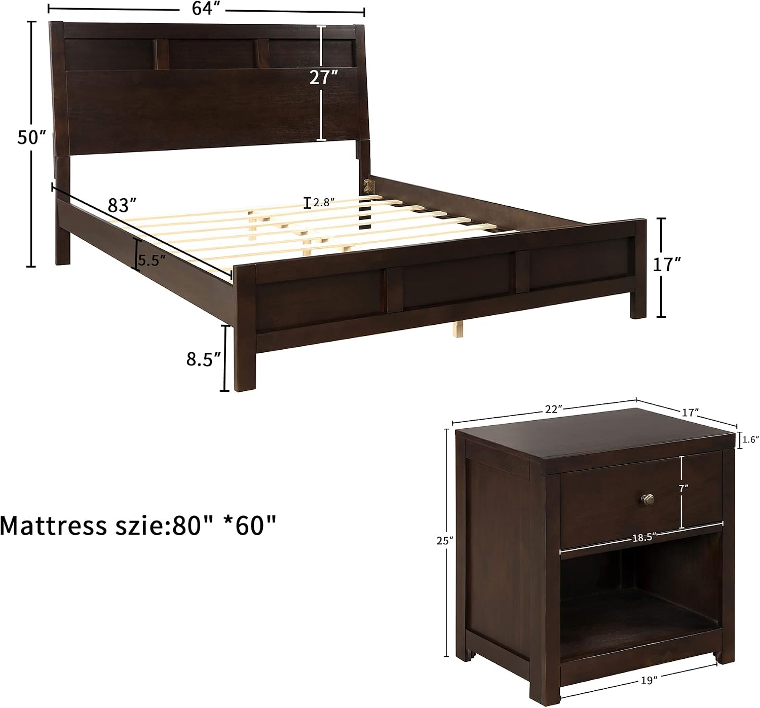 3 Pieces Queen Size Bedroom Furniture Set, Solid Wood Queen Size Platform Bed + 2 Night Stand, Platform Bed with Center Support Legs, Rustic Inviting Classic Brown, Distressed, Slightly Rustic Look