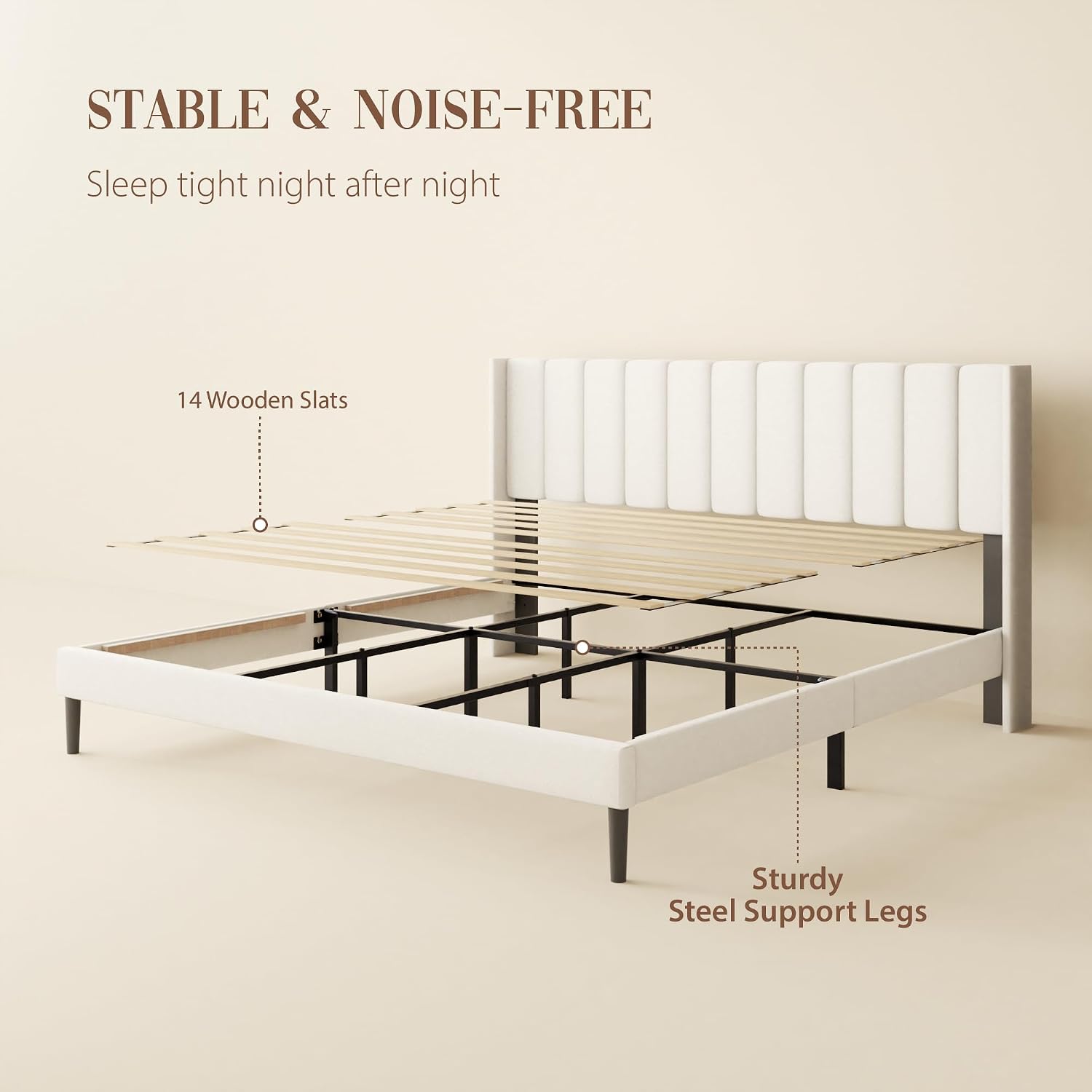 Sismplly King Size Bed Frame and Headboard,Vertical Channel Tufted Wingback No Box Spring Needed, Mattress Foundation, Easy Assembly White