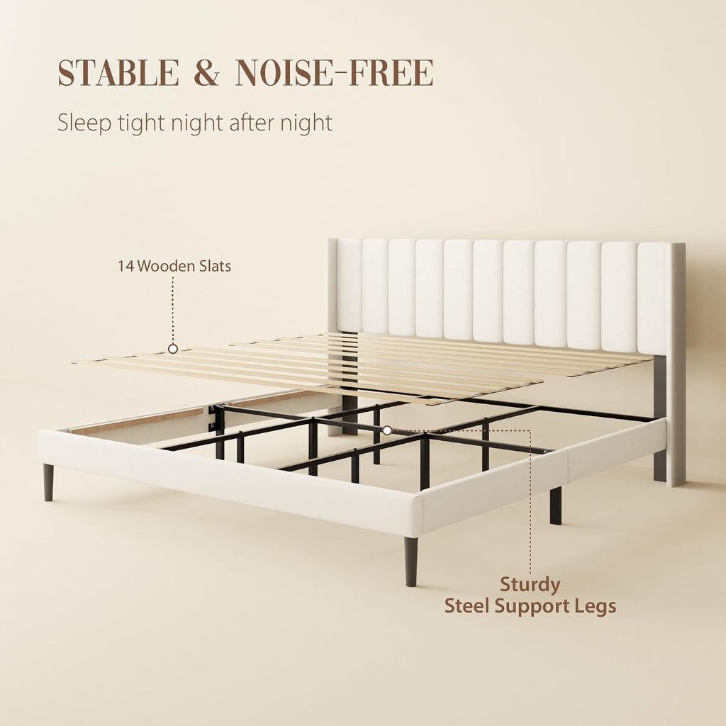 Sismplly Queen Size Bed Frame and Headboard,Vertical Channel Tufted Wingback No Box Spring Needed, Mattress Foundation, Easy Assembly White