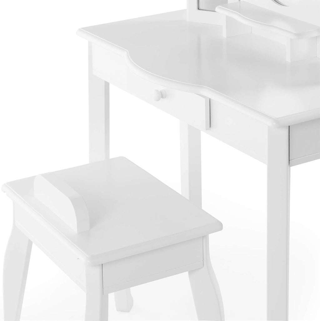 Guidecraft Classic White Vanity and Stool Set: Kids' Wooden Table with 3 Mirrors, Storage Seat and Make-Up Drawer - Children's Furniture