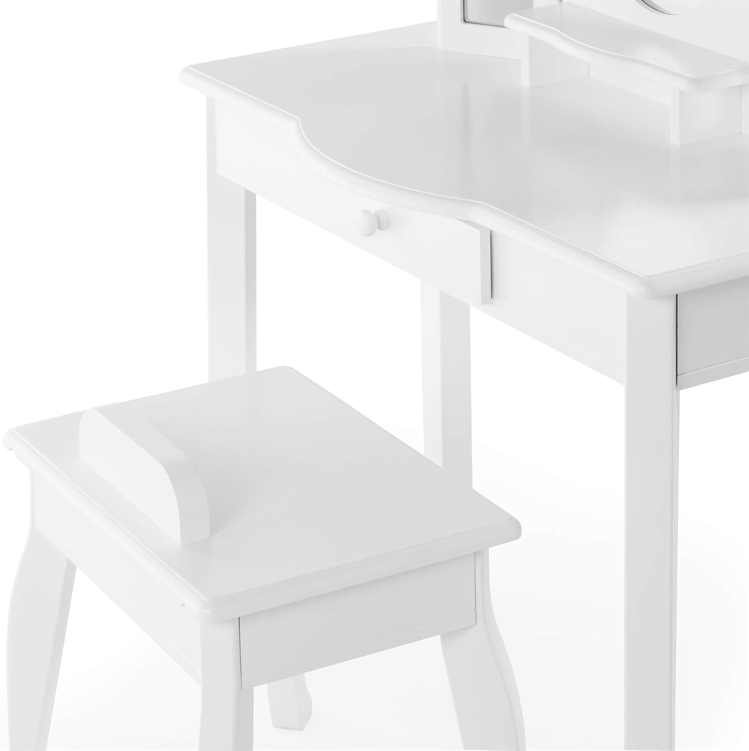 Guidecraft Classic White Vanity and Stool Set: Kids' Wooden Table with 3 Mirrors, Storage Seat and Make-Up Drawer - Children's Furniture