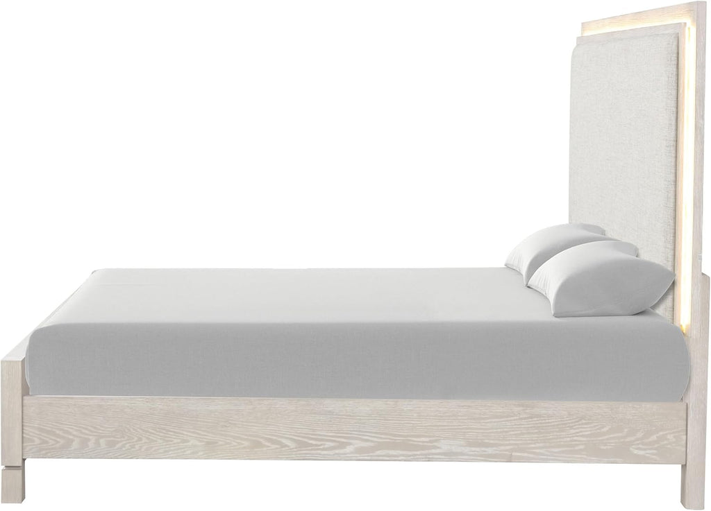 Furniture of America Bailer Modern Solid Wood 3-Piece Bedroom Set with LED on Headboard, Stainless Steal Posts and Marble Top on Nightstand, Box Spring Needed, King, Weathered Gray